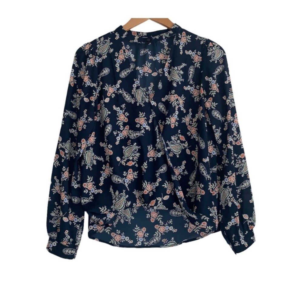 Lush Paisley Floral V-Neck Choker Collar Wrap Blouse Blue Size Extra Small